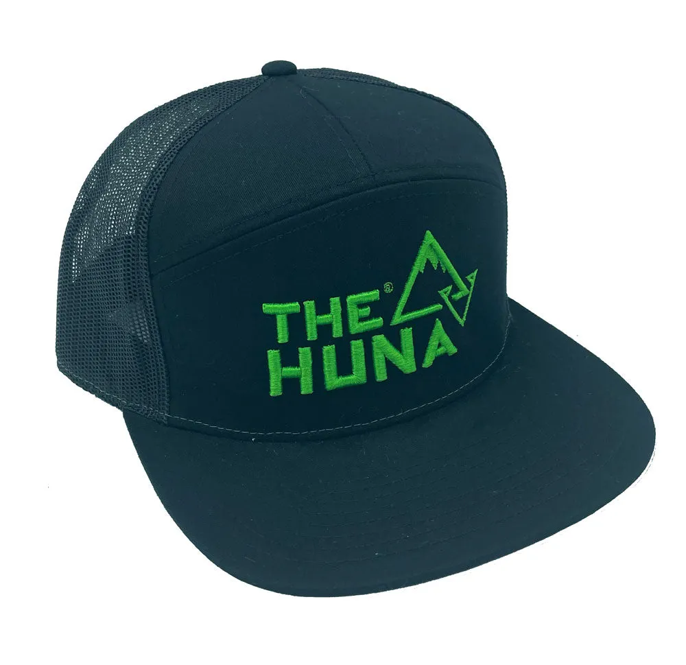 Black w/ Green Logo - A Cotton Twill, Mesh Backed 7 Panel Hat with a Flat Bill, & Classic Snapback