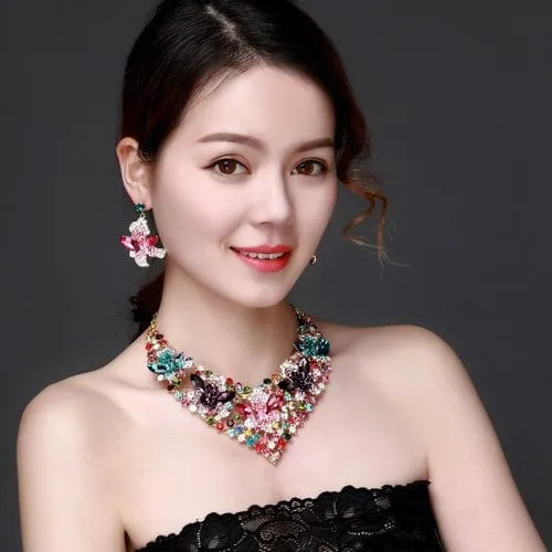 Floral Gemstones Bib Statement Necklace And Earring Jewelry Set