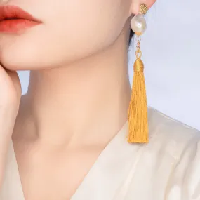 Large Baroque Pearl Yellow Silk Tassel Earrings