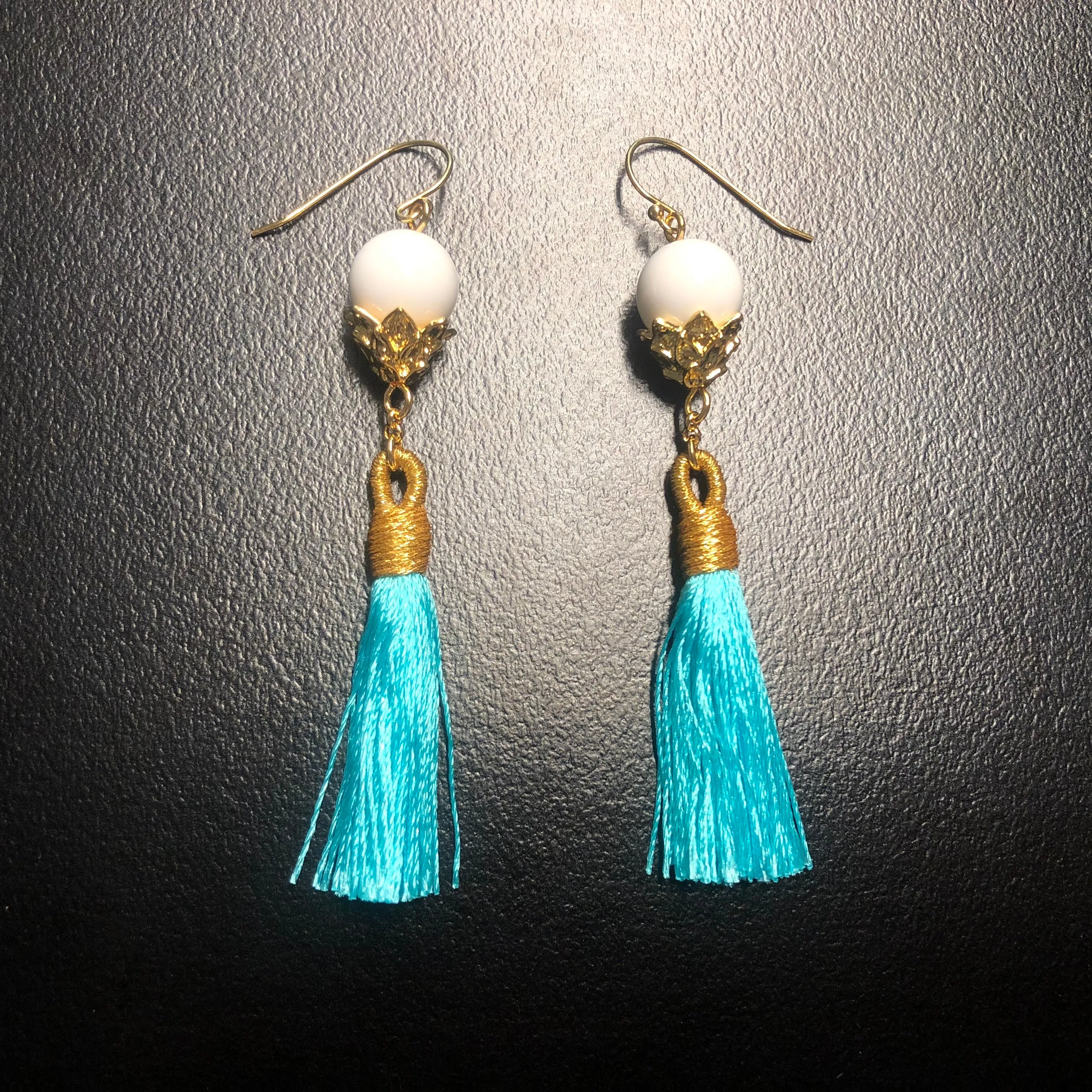 Little Lotus Silk Tassel Earrings - Turquoise