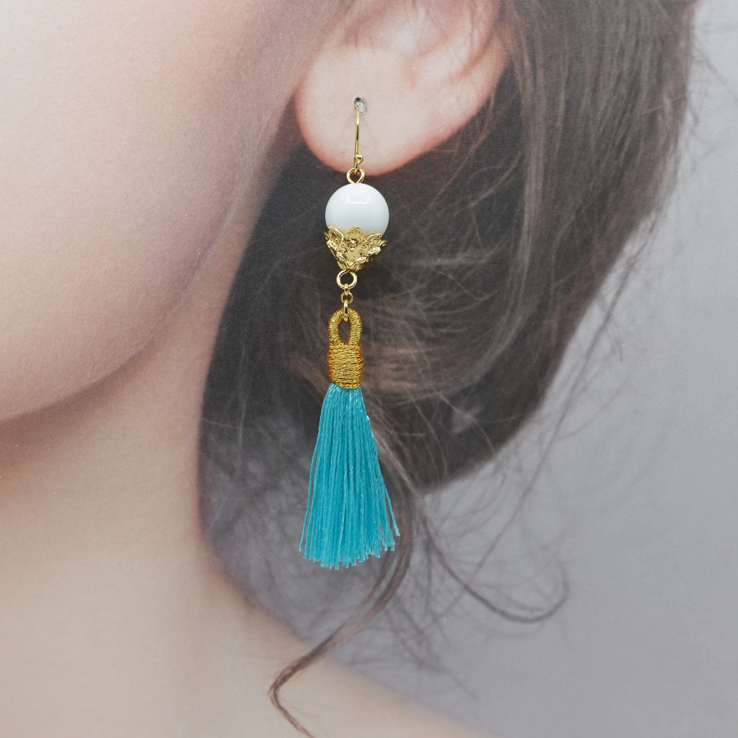 Little Lotus Silk Tassel Earrings - Turquoise