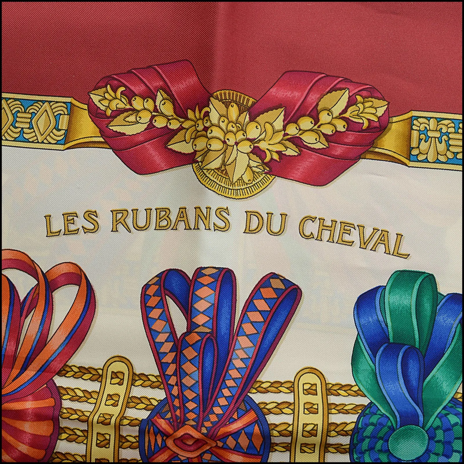 RDC13872 Authentic HERMES Red/White Les Rubans du Cheval 90cm Silk Scarf