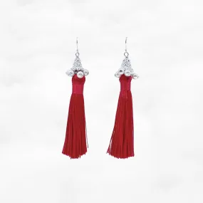 Red Silk Tassel Earrings Silver Medium