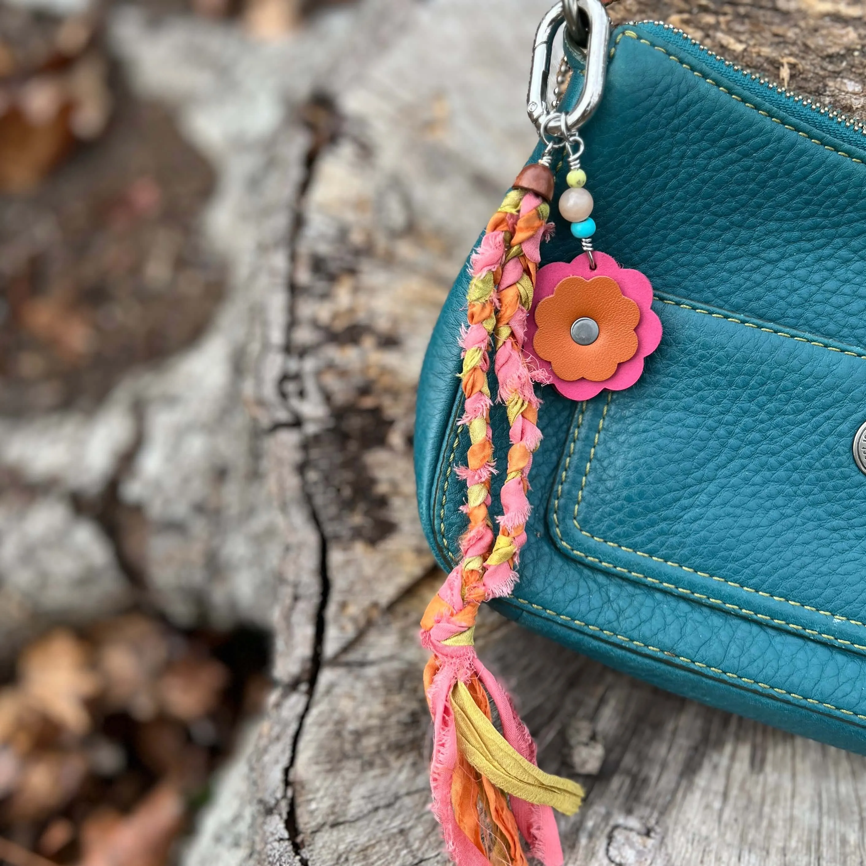 Silk Tassel and Leather Flower Bag Charm