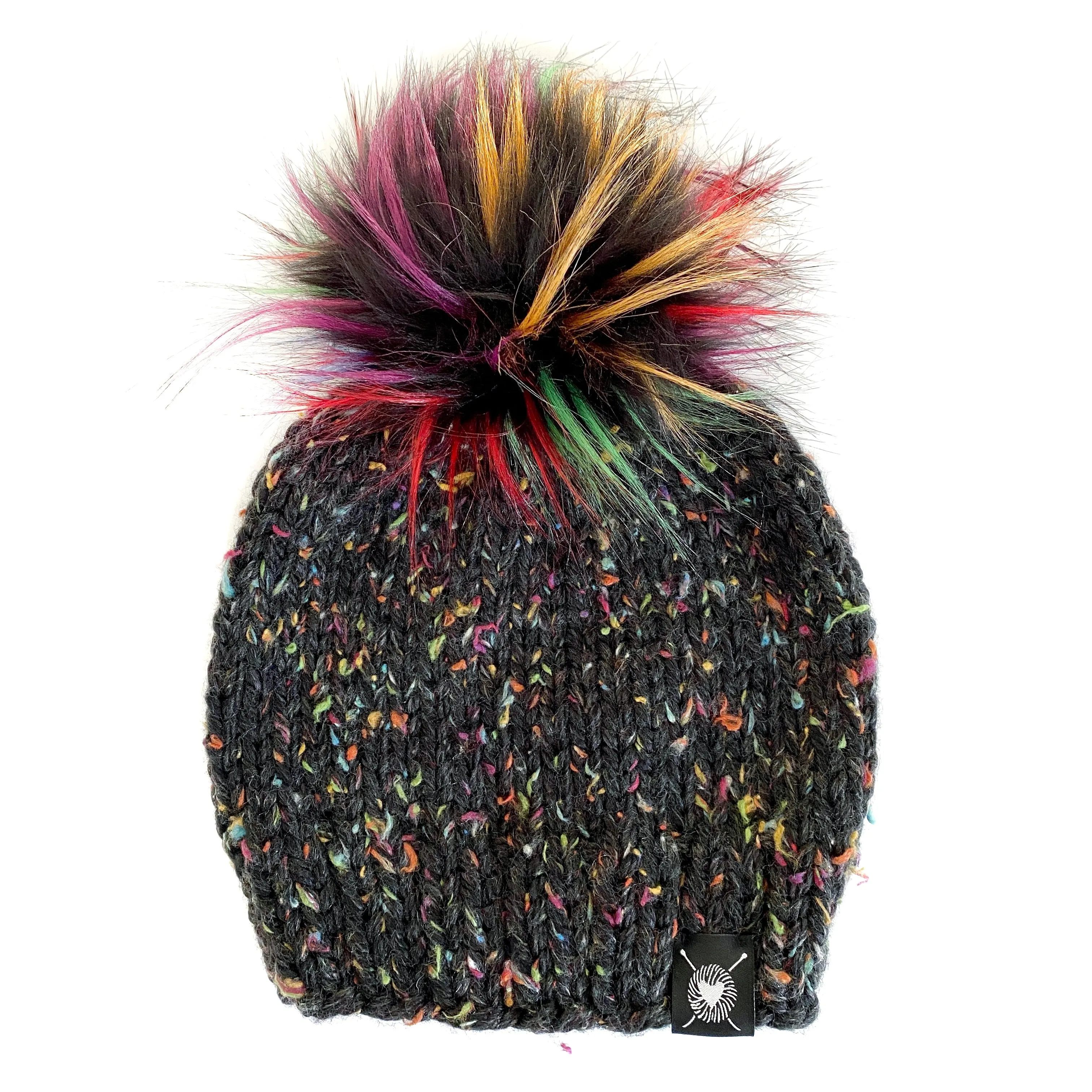 Solid Tweed Faux Fur Pom-Pom Beanie in Dark Rainbow(wool free) Baby/Youth