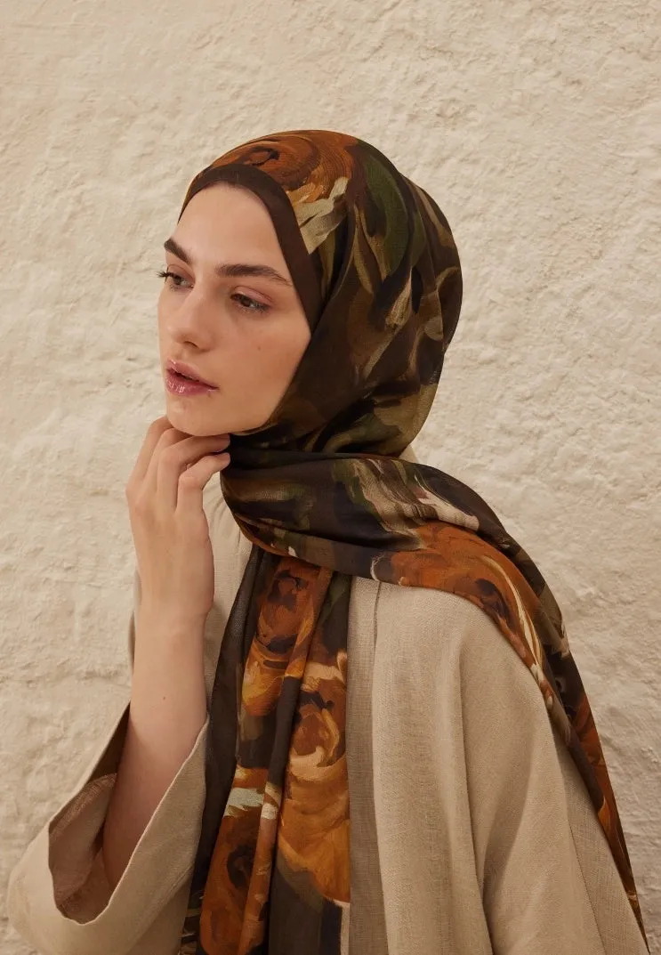 Summer Rose Patterned Rami Scarf Brown